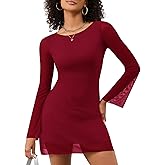 LOMON Womens Dresses Sexy Mesh Bell Sleeve Boat Neck Date Night Y2k Going Out Bodycon Mini Short Dress XS-XL