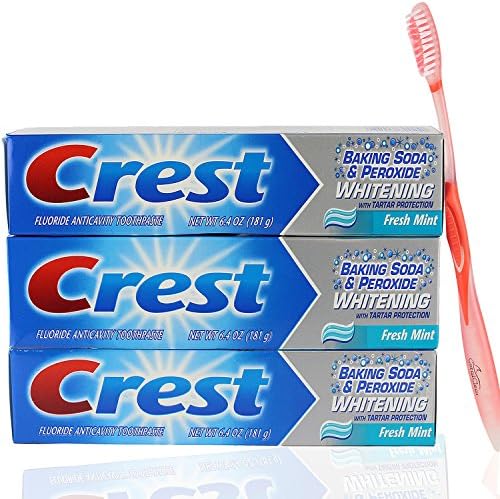 Crest 3-PACK Whitening Toothpaste Fresh Mint Baking Soda Peroxide 6.4 OZ with CoralClear Toothbrush