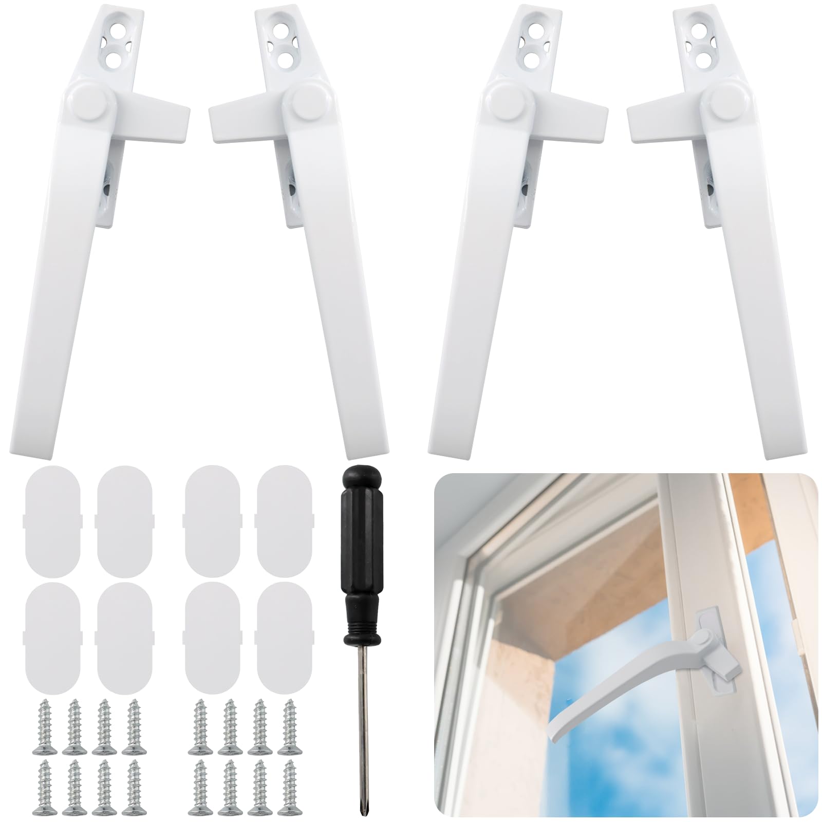 ZOCONE 4 Pcs Window Handles for UPVC Windows with Screwdriver, Right/Left Hand White Window Handle Replacement with Security Locks Zinc Alloy Universal Window Handles for UPVC Window and Door