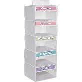Monday through Friday Hanging Weekly Clothes Organizer for Kids | Five hanging shelves labeled Monday to Friday, fits kids cl