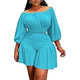 AWASIR Women's Plus Size 2 Piece Outfits Off Shoulder Long Lantern Sleeve Crop Top and Ruffle Shorts Set