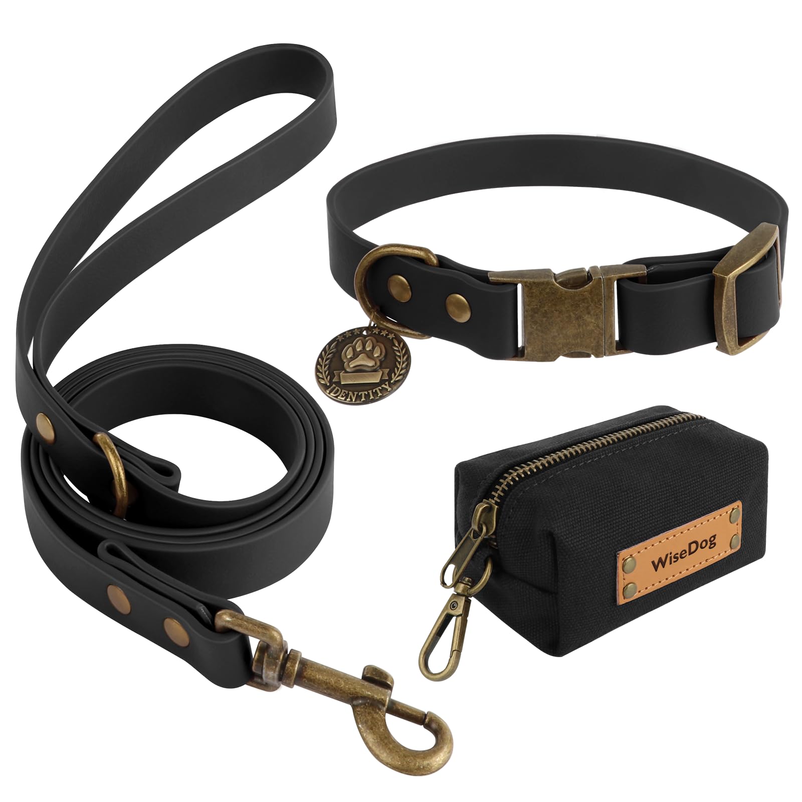 Photo 1 of Wisedog Dog Collar and Leash Set, Waterproof Adjustable Puppy Collars with Cute Tag 6FT Dog Leash with Poop Bag for Small Medium Large Dogs (S(Collar:10"-14";Leash:4 ft), Black)
