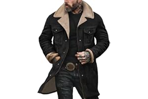 HJYUZP Western Jackets for Men Long Vintage Cowboy Suede Jacket Bomber Collar Coats Faux Leather Zip Up Casual Retro Winter