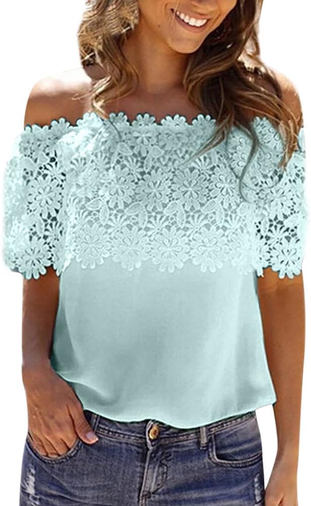 Wasababy Blouses for Women Women Slash Neck See Through Lace Mesh Sheer Long Sleeve Patchwork Crop Top T Shirt Blouse Tee