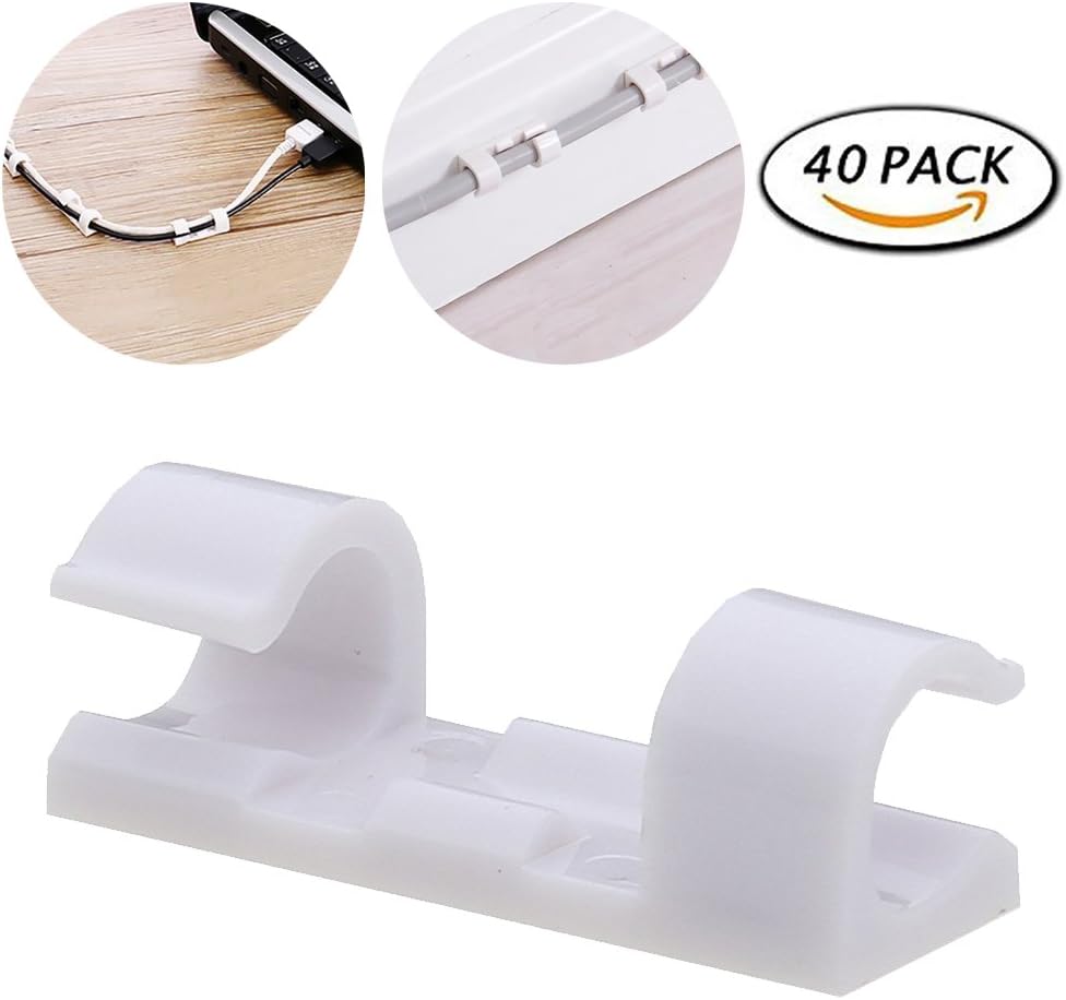 Self Adhesive Cable Clips, STANAWAY 40 pcs Desk Wire Wiring Cable Clips, Tidy and Organise Cords and Wires for Cable Management System, Drop Organizer for TV PC Laptop Home Office - White