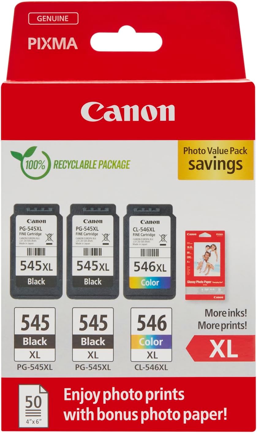 Canon PG-545XL CL-546XL High Yield Ink Cartridges 3 Pack w/ Photo Paper