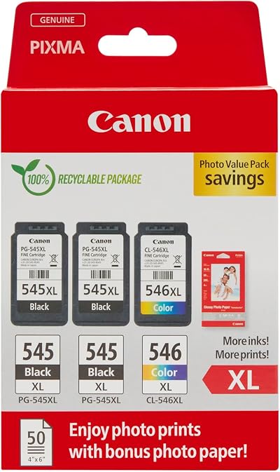 Canon PG-545XL CL-546XL High Yield Ink Cartridges 3 Pack w/ Photo Paper