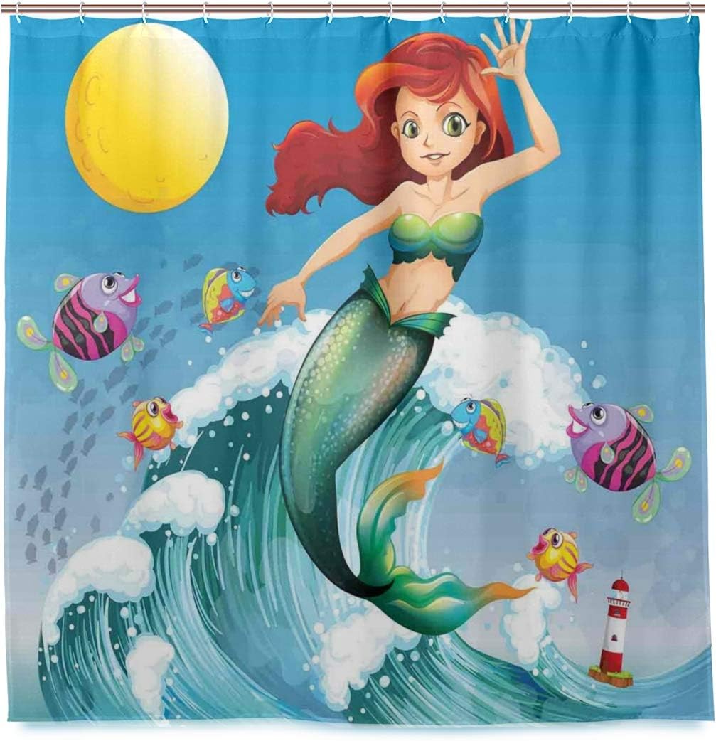 Amazon Vinisath 防水シャワーカーテン 魚の子供の装飾が付いているサーフでかわいい人魚トップ大きな波のイラスト 浴室 目隠し 間仕切り取付 簡単 カーテンリング付属 おしゃれ バスカーテン 180ｘ180cm シャワーカーテン ホーム キッチン オンライン通販