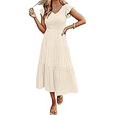 MEROKEETY Women's Summer 2026 Casual Midi Dress Flutter Sleeve V Neck Smocked Tiered Beach Vacation Dresses