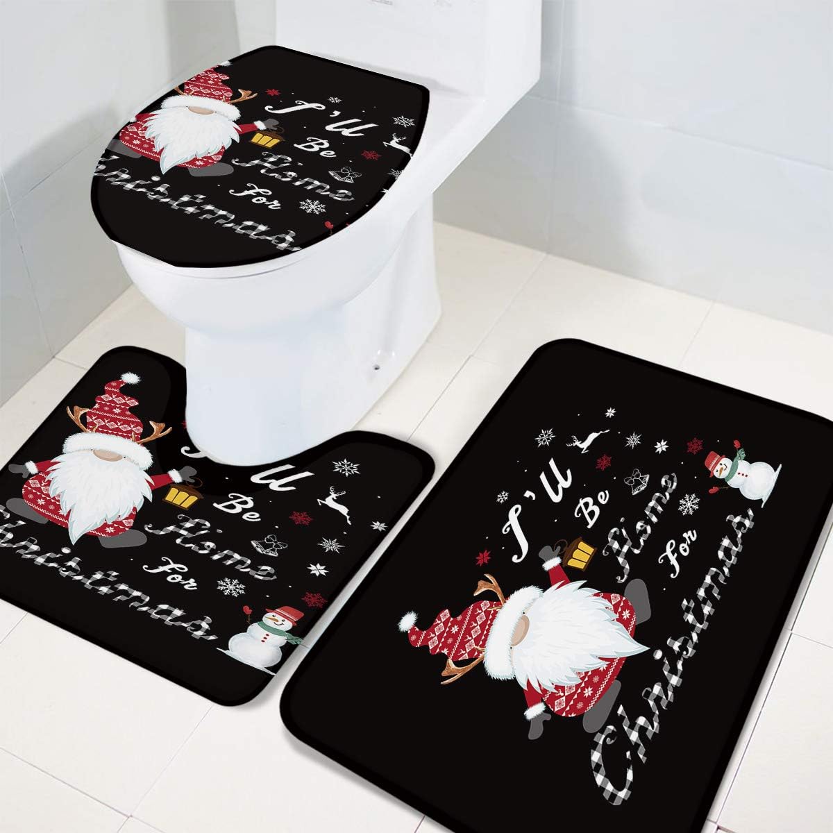 ARTSHOWING Christmas Gnomes 3 Piece Bathroom Rug Set Non Slip Bath Rug