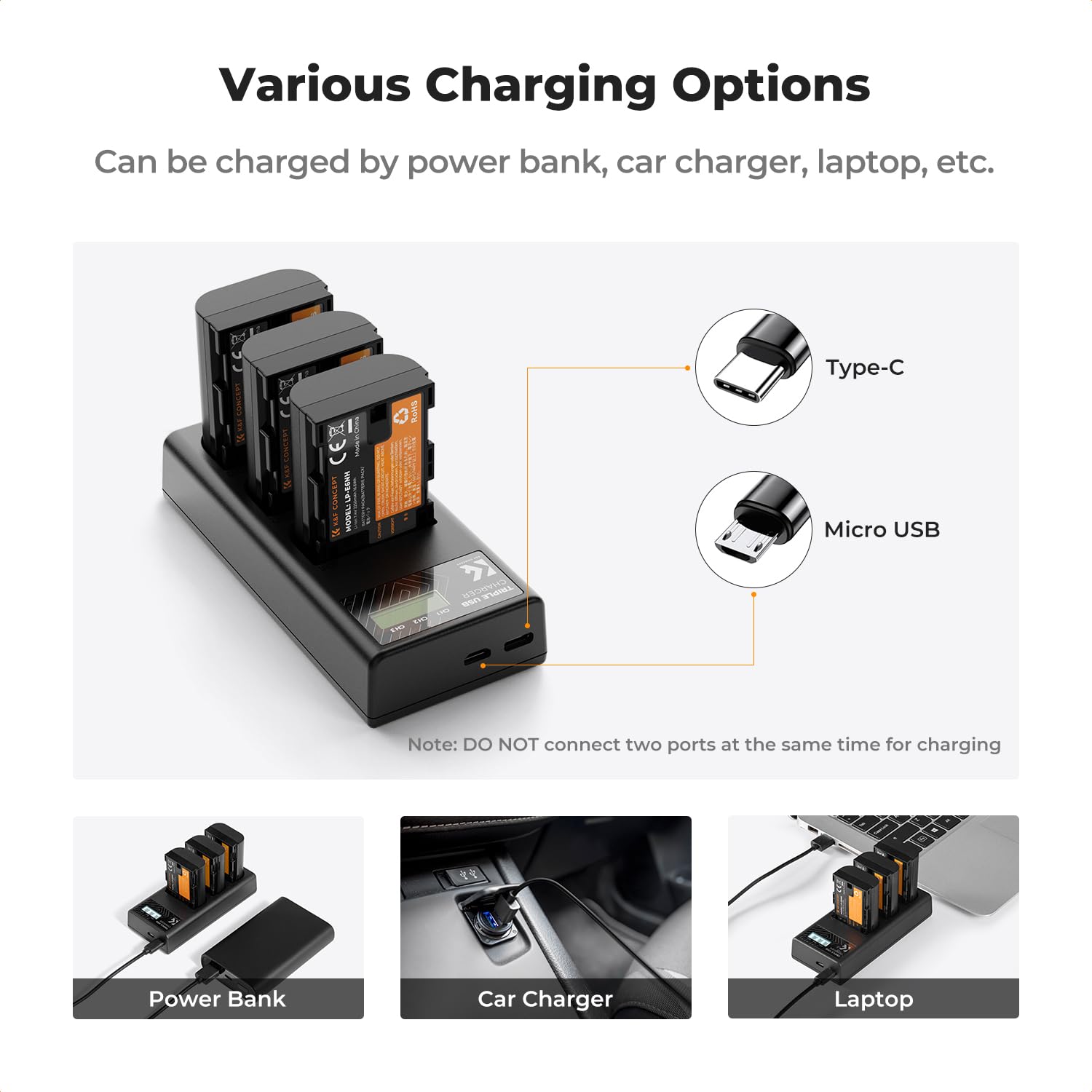 K&F CONCEPT 3-Pack LP-E6NH Battery and Triple Slot Charger Compatible with Canon EOS R7, R6, R5, R, 6D Mark II, 5D Mark IV, 5D Mark III, 5DS, 5DS R, 5D Mark II, 80D, 90D, 6D, 7D, 7D Mark II, 2250mAh