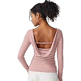 QINSEN Women Cowl Back Long Sleeve Tops Boat Neck Double Lined T-Shirts Regular Fit Casual Fall Tee Pink M
