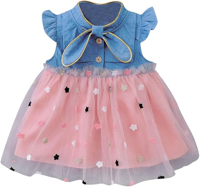 Amazon Co Jp ベビー服 女の子 ワンピース キッズ 星柄 デニム チュールドレス 子ども 袖なし フリル プリンセススカート 可愛い フォーマル パーティードレス 子供服 春夏 チュチュスカート 七五三 通園 通学 結婚式 発表会 女児 人気 お姫様 イベント 衣装 服