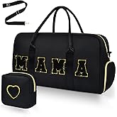 Mama Hospital Bag for Women Labor and Delivery Nylon Chenille Letter Embroidered Duffle Overnight Weekender Bag with Shoes Compartment and Mothers Day Gifts Black-Gold
