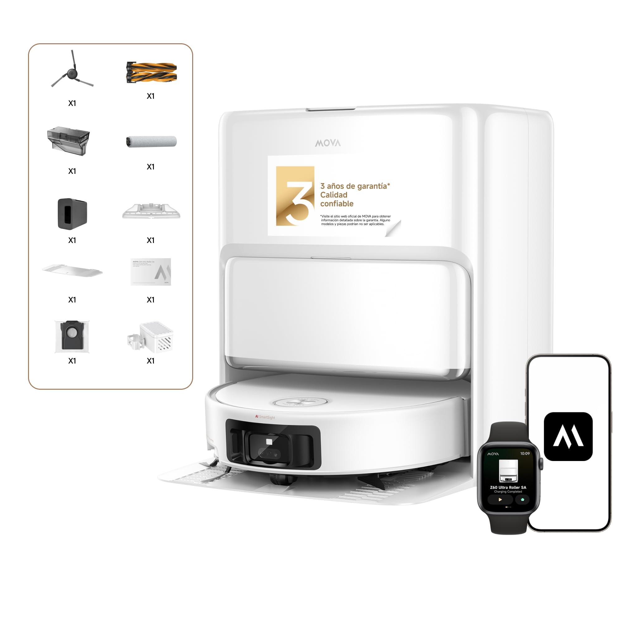 Mova Z60 Ultra Roller Standalone, Robot Aspirador 26.000Pa de succión y Sistema de fregado HydroForce, tecnología MaxiReach, Radar elevable FlexScope, tecnología AutoShield, Triple Mecanismo