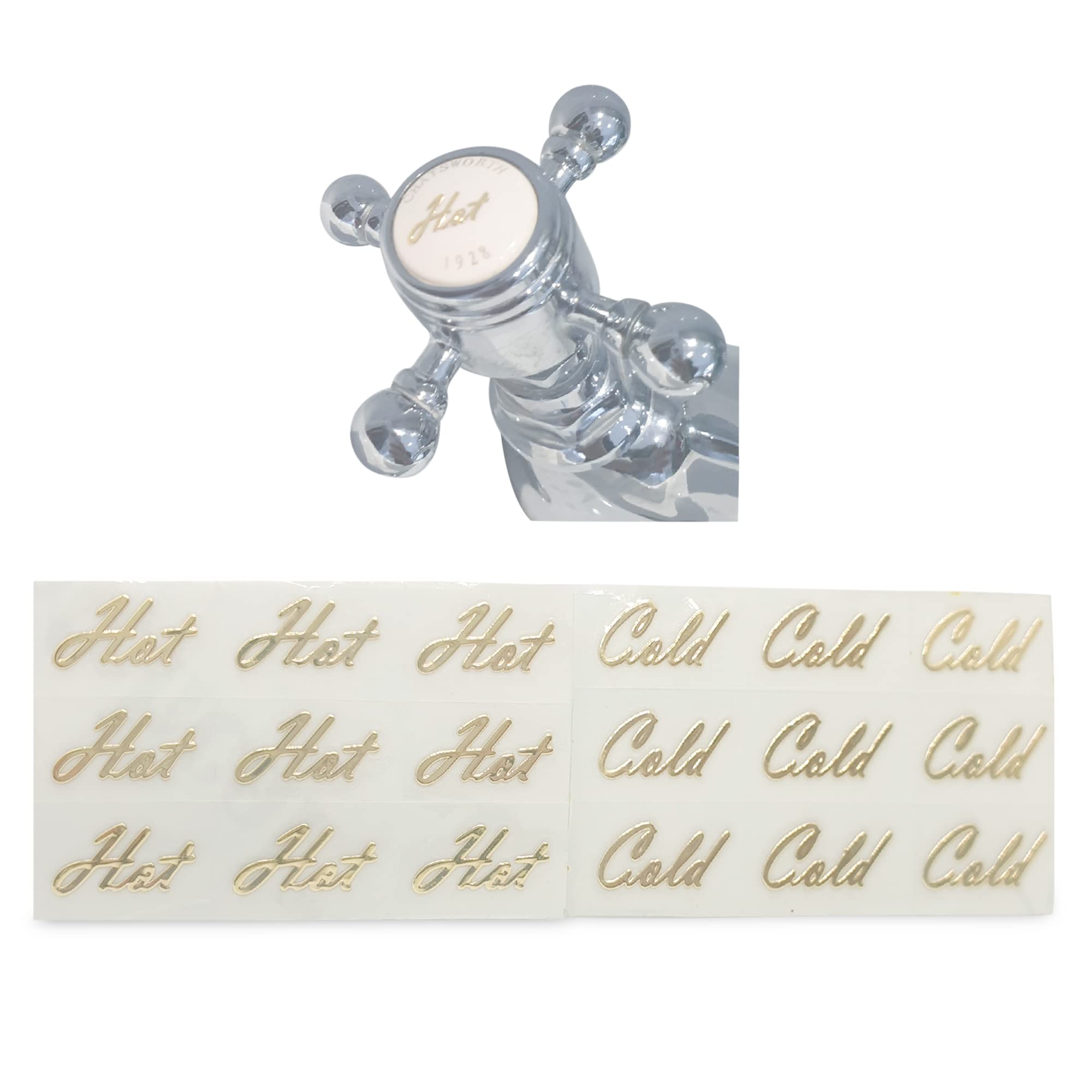 Stick-A-TAP A Set of 9 Hot & 9 Cold Replacement, Vinyl Tap/Faucet Stickers (Hot & Cold- Gold)