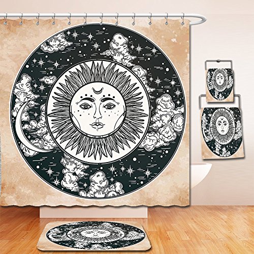Nalahome Bath Suit: Showercurtain Bathrug Bathtowel Handtowel Mystic House Decor Ethnic Sun Face In A Circle Motif Esoteric Inner Power Of The Cosmos Theme Black White Cream