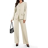 Casly Lamiit Women's 2 Piece Business Casual Outfits Crew Neck Button Down Blazer Wide Leg Dressy Pants Suit Sets