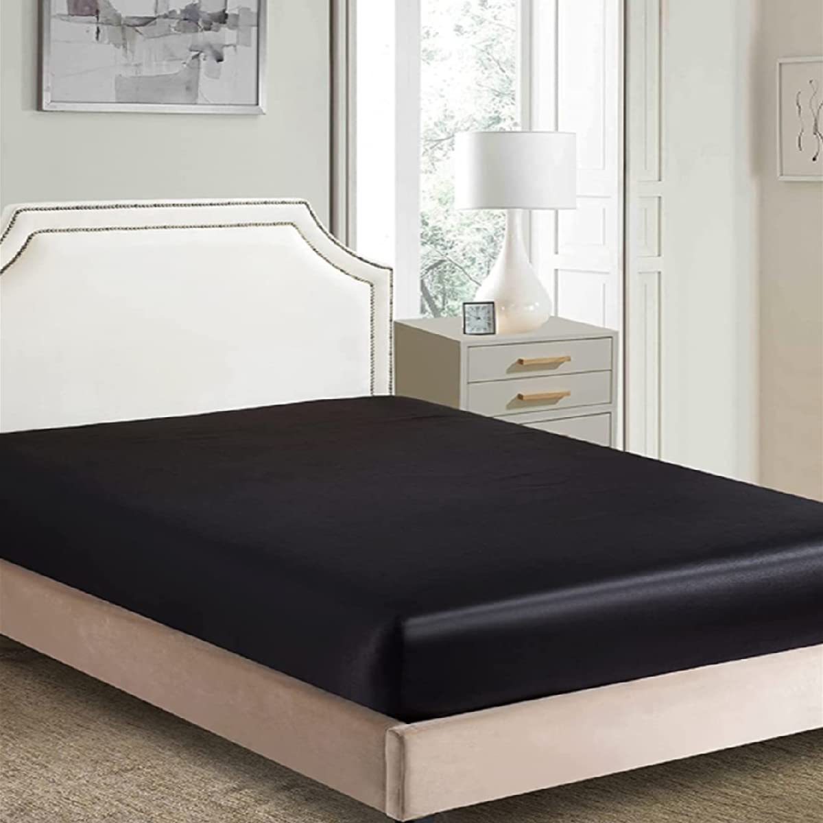 Silky Satin Fitted Sheet Only Classic Luxury Silky Soft Bed Sheets Solid Color (Black, King(150/160x200+30cm))