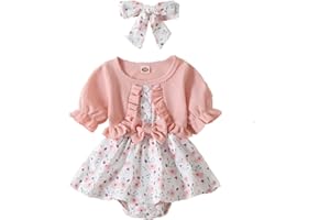 Newborn Baby Girl Romper Dresses Clothes Set Short Sleeve Floral Ruffle Bow Overall Bodysuit Onesie Floral Skirt Hem Outfit