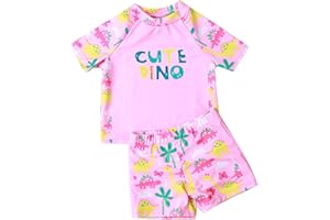 Toddler Girls Swimsuit 2 Piece Rash Guard Sets Cartoon Print Short Sleeve Bathing Suit Kids Cute Stretchy Beach Swimwear