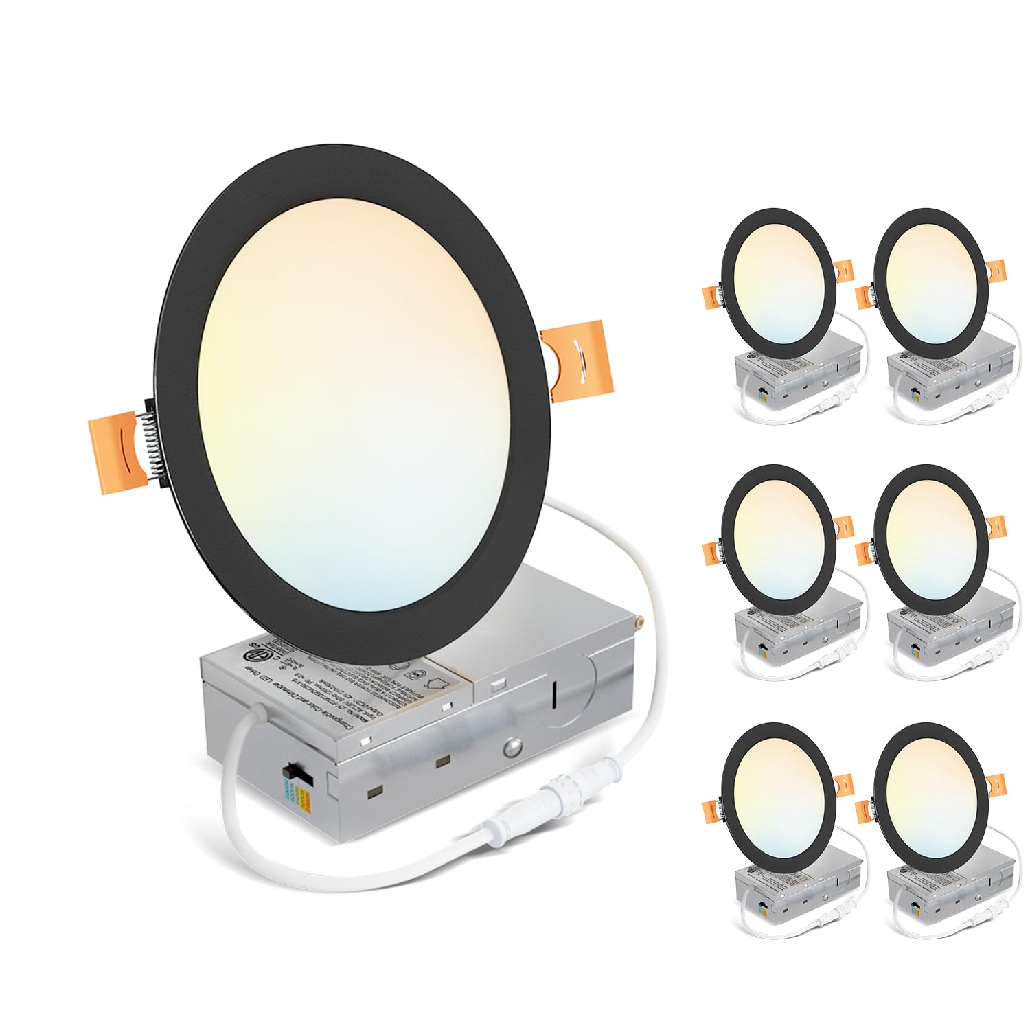 LVWIT Ultra-Thin Recessed Lighting 6 Inch with Junction Box, 1200LM 2700K-5000K 5CCT LED Ceiling Lights, Dimmable Canless Wafer Downlight, ETL,FCC&IC, Smooth Trim, 6 Pack Black Image