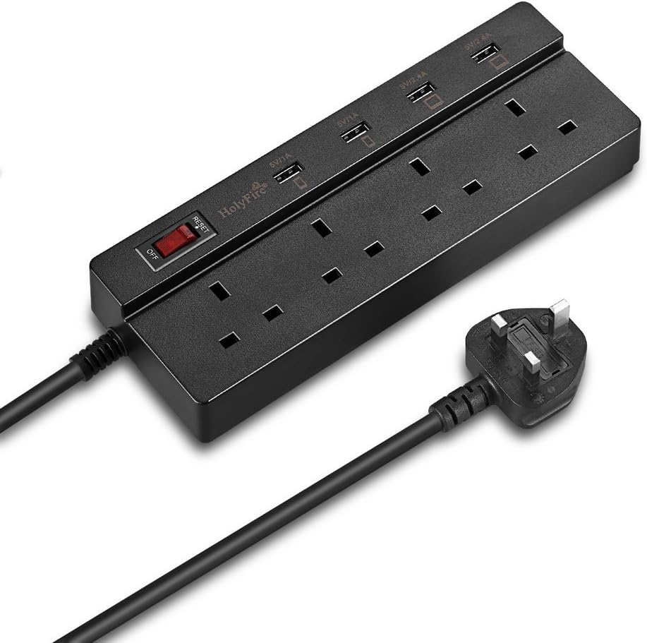 Power Strip , Holyfire 4 Way Outlet 4 USB Ports Extension Lead Power Strip Surge Protector USB Charger Power Socket with 5.9ft Power Cord USB Charging Port Support iPad iPod Smart Phones (Black 4 AC 4 USB)