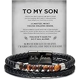 LIU JUN The Guardian - Son's Tiger Eye Protection Bracelet From Mom, Love You Forever Linked Together Leather Black Beaded Cuff Bangle Mens Birthday Weave Gift Jewelry