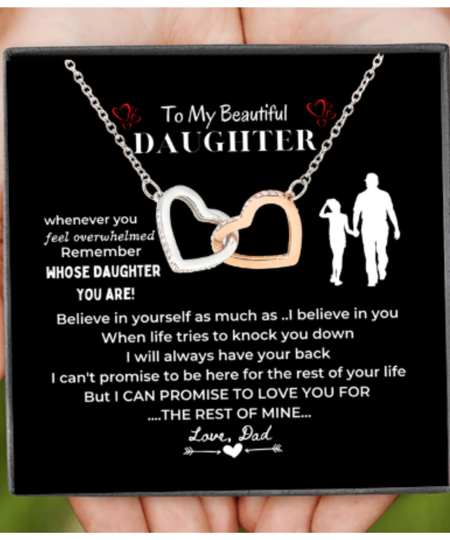 LOTUS-A Silver Necklace Daughter Gifts from Dad - S925 Interlock Heart Necklace with a Message Card Present to My Grown Teen Girls from Father on Daughter's Mother's Day Christmas Birthday Graduation