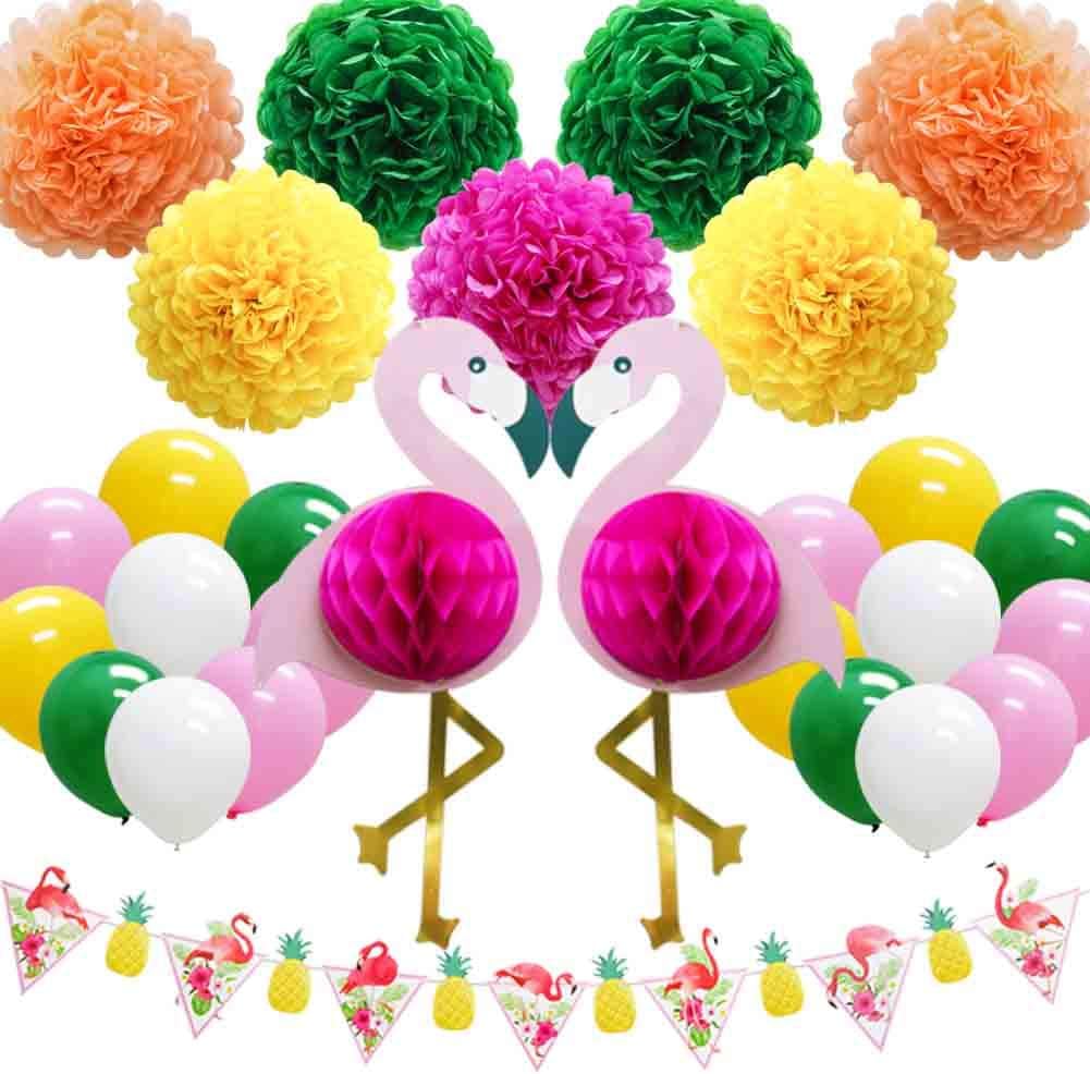 Tropical Pink Flamingo Party Honeycomb Decoration, Hawaiian Party Flamingo Pineapple Banner Pennant, Tissue Paper Pom Poms Flowers, Balloons for Summer Beach Luau Party
