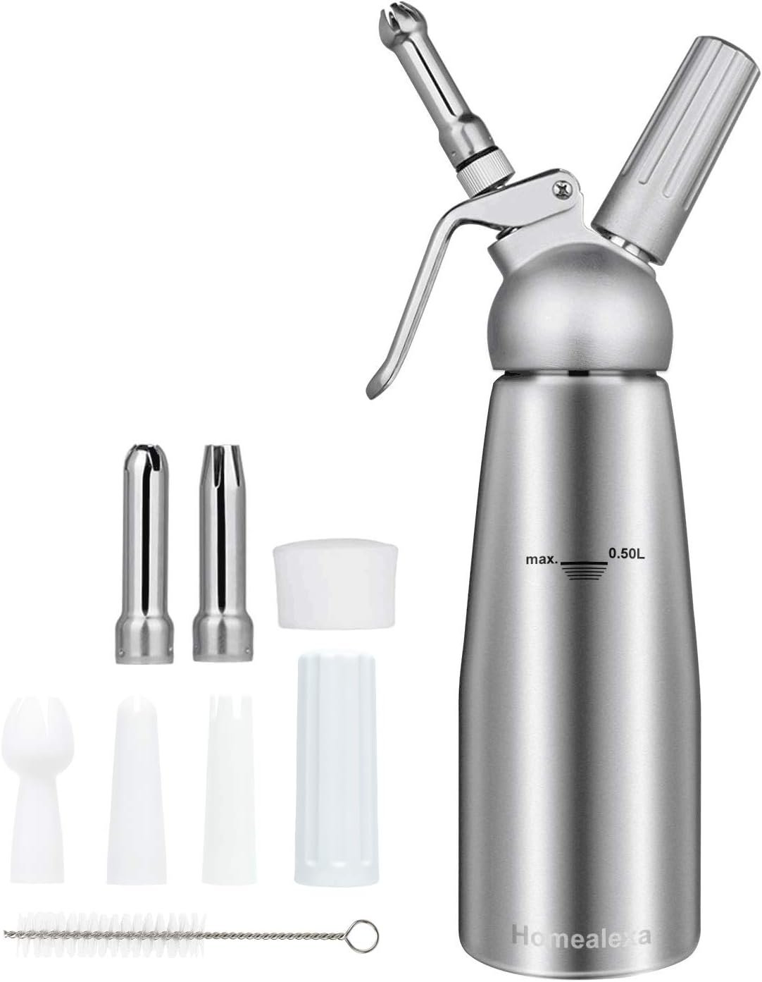 Homealexa 500ml Sahnespender Schlagsahnebereiter Sahnebereiter Whipped Cream mit Aluminium Körper + 3 Edelstahl Düsen und 1 Reinigungbürste