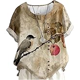 domirica Womens Tops Dressy Casual Japanese Art Print 2024 Summer Short Sleeve Shirts Boho Oversized Hide Belly Blouses