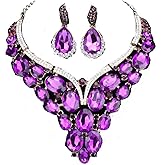WANG Women Bridal Rhinestone Crystal Statement Necklace Earring Wedding Dress Jewelry Sets (Purple)