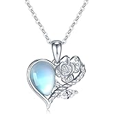 Lovans Heart Rose Necklace for Women, 925 Sterling Silver Heart Pendant Necklace, Teardrop Moonstone Necklace Fine Fashion Jewelry for Women Mom Birthday Anniversary