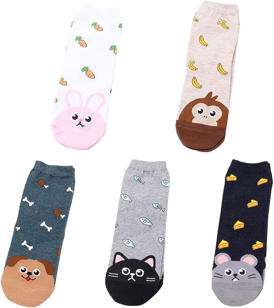 Lot De 5 Paires De Chaussettes Femme Motifs Animaux - Taille 35-41, En Coton - Chaussettes Fun, Chat Kawaii, Cadeau Décontracté