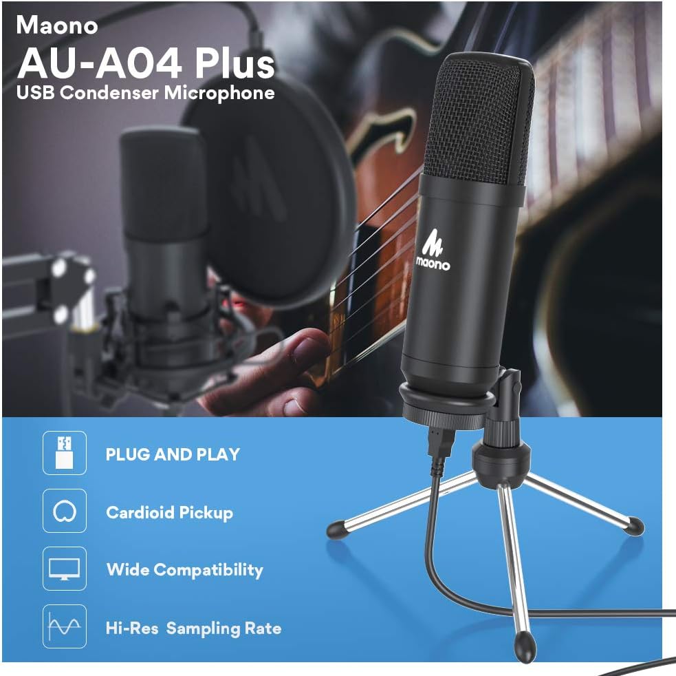 USB Microphone MAONO AU-A04 Plus Cardioid Condenser Podcast Mic 192kHz/24bit Plug and Play, Provide Two Mic Holders for Livestreaming, Voice Over, YouTube, Gaming, ASMR: Computers & Accessories