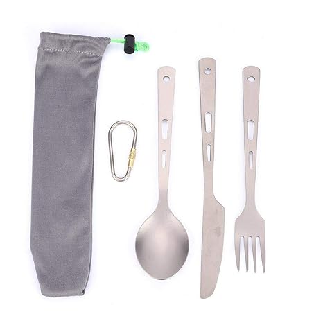 Dilwe Titan Grillspieße, tragbares 3-teiliges Campingbesteck Set Titan Gabel Messer Löffel mit Beutel
