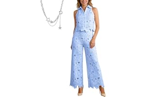 2026 New Women's Two-Piece Floral Lace Lapel Vest Top & Wide Leg Pants Set, Floral Sleeveless Cropped Pants Suit