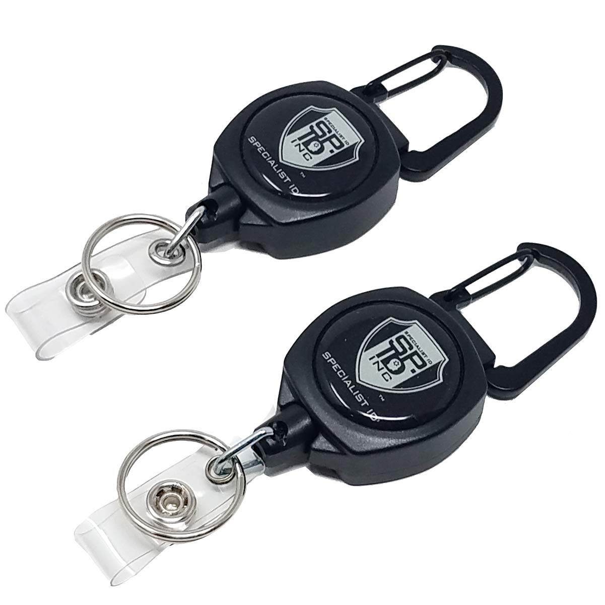 2 Pack - Heavy Duty Retractable Badge Reel with ID Holder Strap & Keychain - Strong Carabiner Belt Loop Clip - Retracting Lanyard with Kevlar Cord for Keys and Access Cards by Specialist ID (Black)