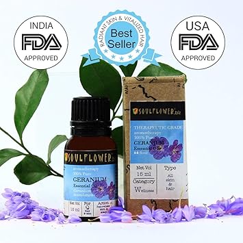 Soulflower Geranium Essential Oil 100% Pure Natural, Scalp sebum serum for flowy, long & healthy hair, Smooth Skin