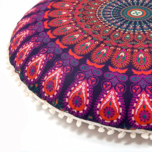 Mandala Life ART Bohemian Yoga Decor Floor Cushion Cover - 30 inches - Round Floor Pillow Pouf Cover - Hand Printed Organic Cotton by Colorful Pink - Thumbnail 3