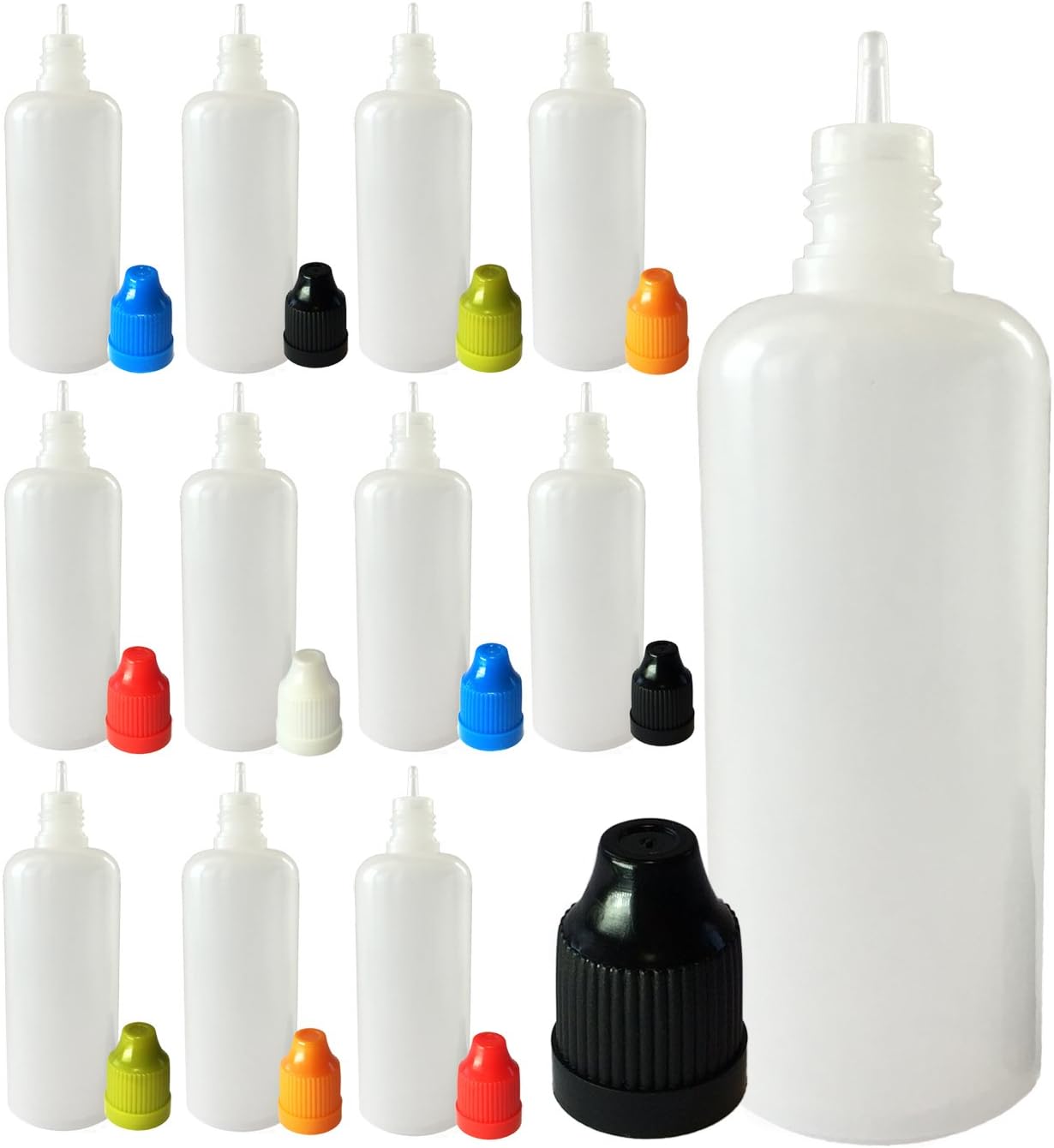 510 Central 60mL LDPE Plastic Thin Tip Dropper Bottles (12 Pack, Multi Color Caps)