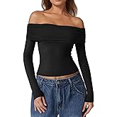 QINSEN Womens Off The Shoulder Tops Double Lined Long Sleeve T Shirts Slim Fitted Stretchy Crop Top