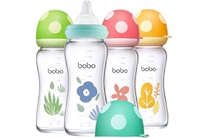 YOHKOH Natural Glass Baby Bottle with Level 2 Medium Flow Nipple, Newborn Anti-Colic Baby Bottles, Wide Neck Mushroom Baby Glass Bottle (8.8oz (Pack of 4), Multicolour)