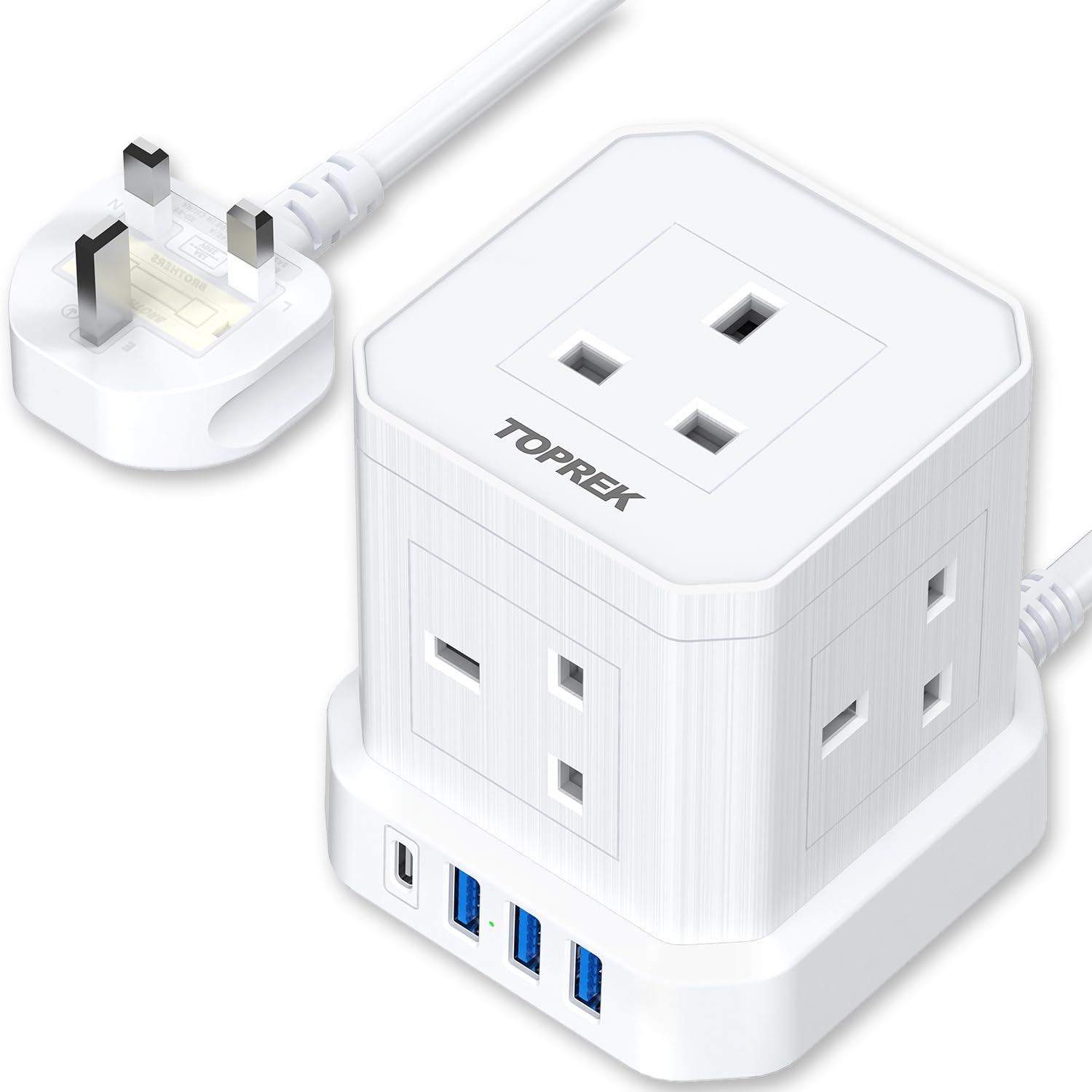 20W PD3.0 USB-C Cube Extension Lead 2M, TOPREK 5 Way (13A/3250W) Multi Plug Extension Socket + 4 USB Slots+1 Switch, Child Safety UK Desktop Extension Cable for Home Dorm Office Travel