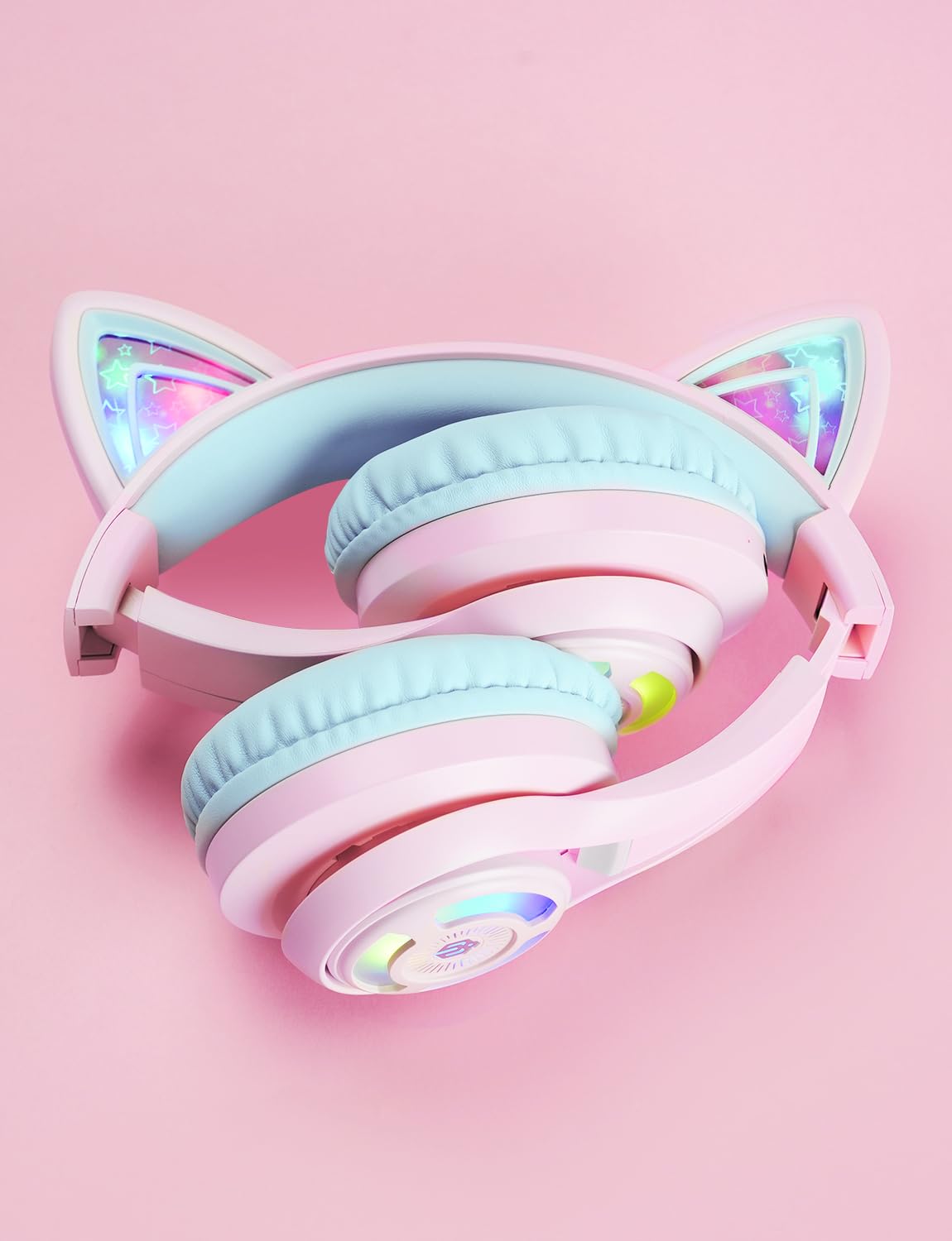 iClever Cat Ear Kids Bluetooth Headphones, LED Lights Up, 74/85dBA Safe Volume Limited, 50H Playtime,Bluetooth 5.2, USB C, Kids Headphones Wireless for Travel iPad Tablet, Meow Macaron Pink