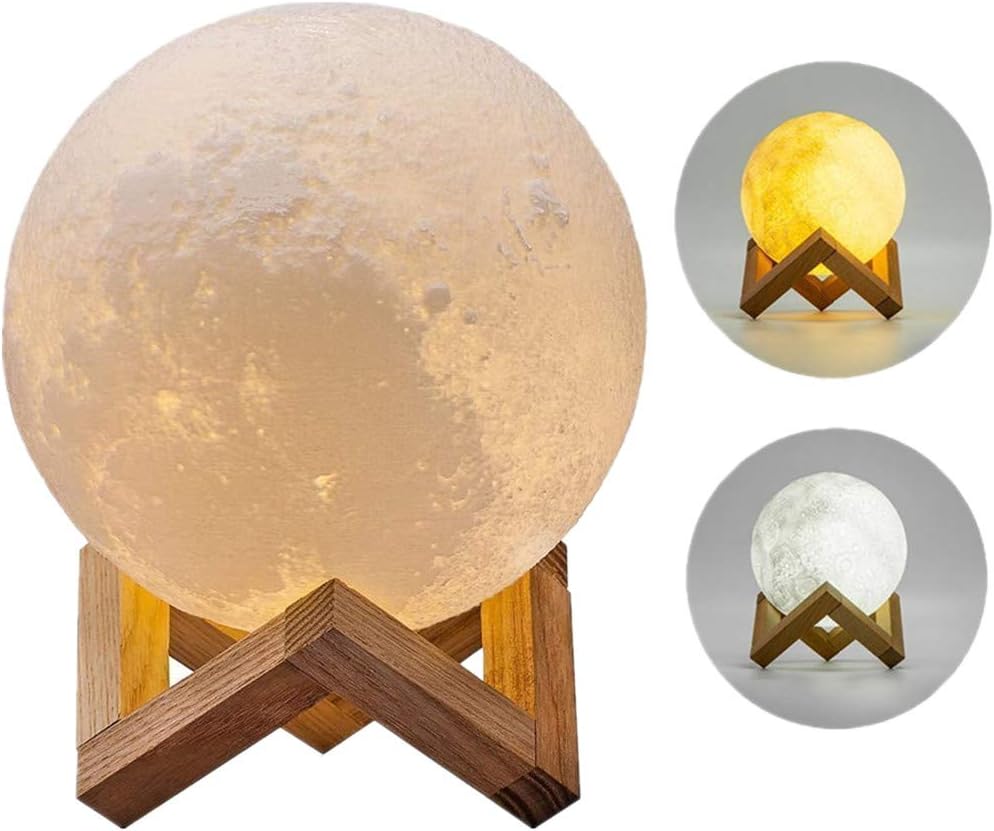 3D Moon Lamp,Tatuer USB LED Night Light Magical Lunar Table Lamp Moonlight Touch Sensor with Wooden Holder Gift for Birthday Halloween and Christmas 8CM