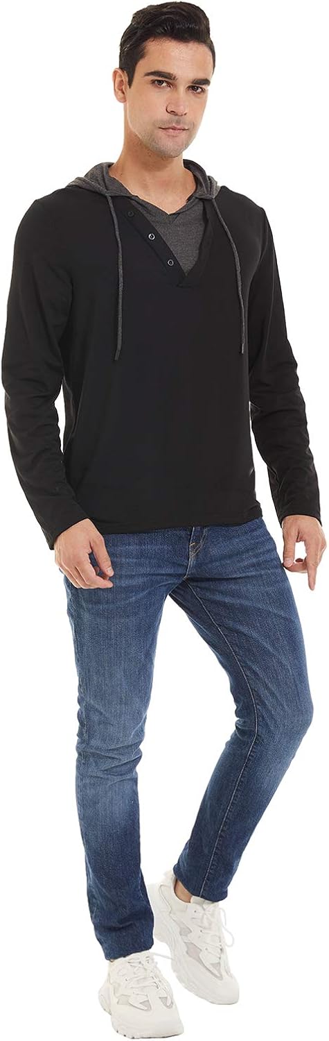 QPNGRP Mens Long Sleeve Hooded T-Shirt Slim Fit Pullover Hoodie Shirt: Clothing