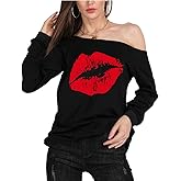 MAGICMK Woman’s Sweatershirt Lips Print Causal Blouse Off The Shoulder Long Sleeve Loose Slouchy Pullover Plus Size Tops