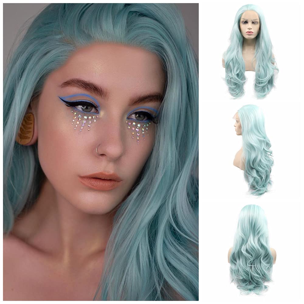 Yiweier Mermaid Wigs Mixed Turquoise Lilac Long Wavy Blue Synthetic Lace Front Wigs For Ladies Cosplay Party Wig For Women Fashion Hairstyle 24inch